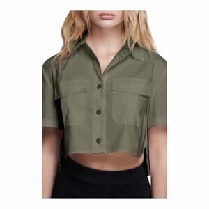 Good American NWT The Cropped Shirt Button Down Sage Collared Front Pockets